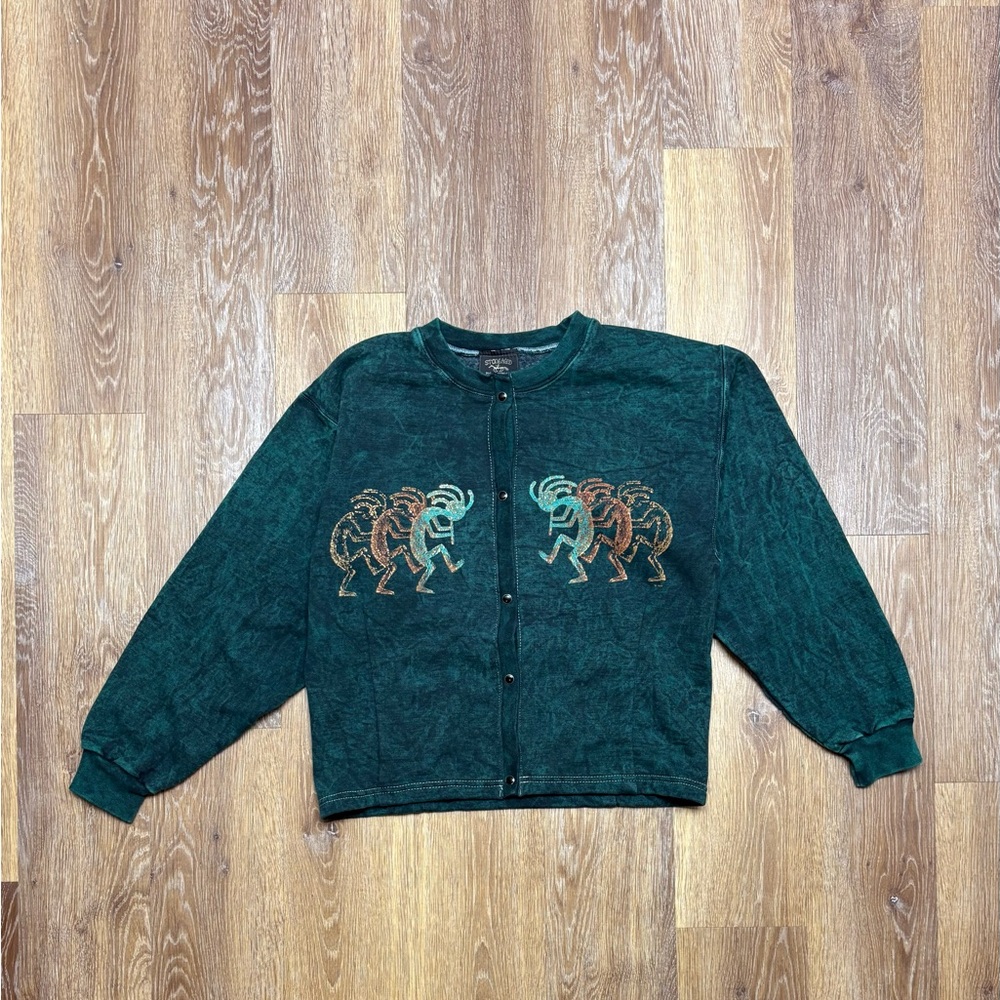 Vintage-Inspired Dark Green Embroidered Button-Front Sweatshirt